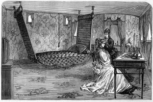 Russisk keiserlige tog brukt av hertugen og hertuginnen av Edinburgh i 1874: soveromsvognen. Gravering i "" Le Monde Illustré"" nr. 886 av 6. april 1874. av French School