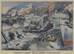 Russisk-japansk krig: sjøslag utenfor Port Arthur (farge litho) av French School