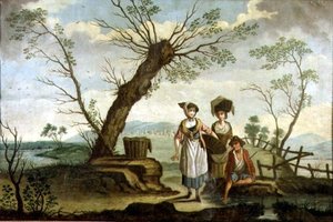 Rustikk landskap med vaskekoner og en bonde av French School