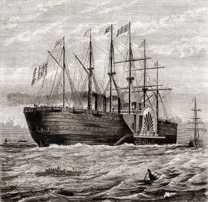 SS Great Eastern, jernseilende dampskip designet av Isambard Kingdom Brunel, fra Les Merveilles de la Science, publisert ca. 1870 (gravering) av French School