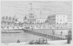 Saint-Louis, utsikt over N"Dar, Pont de Guet, illustrasjon fra "Le Senegal..." av Louis Leon Faidherbe, 1889 av French School