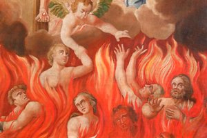 Saint-Nicolas de Veroce kirke. Siste dom: i helvete. En gruppe av de frelste. Maleri. Frankrike. av French School