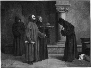 Saint Bonaventure (Giovanni di Fidanza, kjent som Doctor Seraphique, San Bonaventura) (1221-1274) mottar hatten til kardinalen. Han ble innviet til kardinal-Eveque av Albano i 1273 av Gregoire X i 1273. Gravering av Bauchart fra Santars maleri. av French School