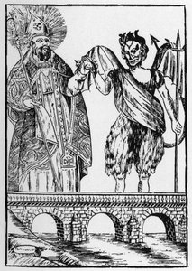 Saint Cado (eller Cadoc eller Catuod eller Catoc eller Cazut eller Cadochus) legendariske helgen Christian gir en katt til djevelen i bytte mot å bygge en bro - populære bilder Perret av French School