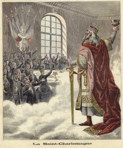 Saint Charlemagne hever en kalk til sittende middagsgjester av French School