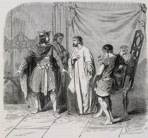 Saint Eloi og Dagobert: Dagobert ble overrasket da Eloi introduserte ham den andre lenestolen - grav. 1800-tallet av French School