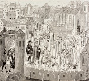 Saint Gaugericus, biskop av Cambrai, ankommer byen for sin utnevnelse, fra 