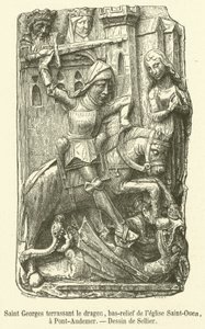 Saint George som dreper dragen, basrelieff av Saint-Ouen-kirken, i Pont-Audemer (gravering) av French School