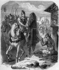 Saint Martin de Tours (Saint-Martin-de-Tours, v. 316-397) lager to stykker av frakken hans for å gi den til en fattig mann. Gravering i "Histoire des Papes-Rois-Queen and Empereurs a travers les centuries"" av Maurice Lachatre av French School