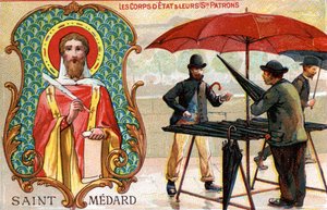 Saint Medard, skytshelgen for paraplyselgere, ca. 1910 (litho-farge) av French School
