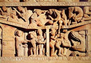 Sankt Peter mottar de velsignede til himmelen og det fordømte fall i helvetes kjever, detalj fra den siste dommen på Vestportalen Tympanum, ca. 1135 av French School