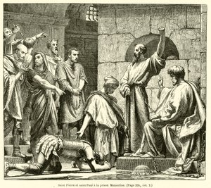 Saint Peter og Saint Paul i Mamertine-fengselet (gravering) av French School
