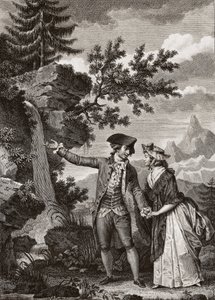 Saint Preux og Julie-gravering fra 1793 for "Julie ou la nouvelle Heloise" av den sveitsiske filosofen Jean Jacques (Jean-Jacques) Rousseau (1712-1778) - Julie og Saint-Preux, illustrasjon fra 'La Nouvelle Heloise' av Jean-Jacques Roussea av French School