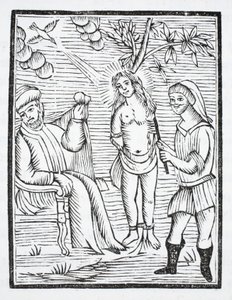 Saint Reine blir torturert, huden hennes revet av jernkammer, på kommando av Olibre, for å nekte å fornekte hennes tro av French School