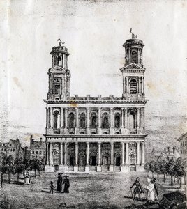 Saint Sulpice-kirken, Paris - "Alphabet Picturesque des Monuments de Paris" ca. 1840 (gravering) av French School