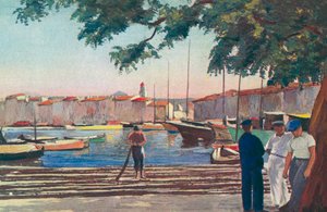 Saint Tropez: Havnen (fargelitografi) av French School
