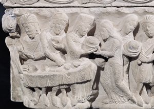 Salome presenterer hodet til døperen Johannes ved Herodes-festen, detalj fra et relieff på en kapital (stein) (detalj av 86203) av French School