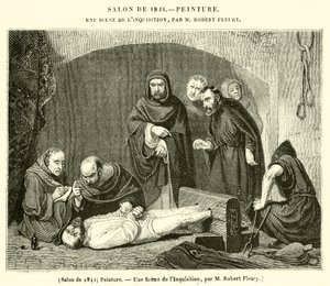 Salong fra 1841, maleri, en scene fra inkvisisjonen (gravering) av French School