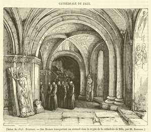 Salongen fra 1843, maleri, munker som bærer en kiste inn i krypten i Basel-katedralen (gravering) av French School