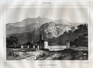 Santa Maria di Vallombrosa benediktinerkloster som ligger i Reggello kommune i Toscana - Vallombrosa kloster - Gravering fra "" Italy Picturesque"" - Historisk og beskrivende maleri av Italia"" av M. de Norvins, Ch. Nodier 1834-1836. av French School