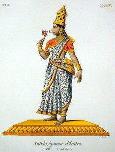 Satchi kone til Indra, gravert av C. de Motte (1785-1836) (farge litho) av French School