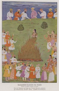 Sati, tradisjonen der en enke ofrer seg selv på mannens likbål i India (fargelitografi) av French School