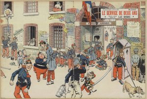 Satire over innføringen av verneplikten i den franske hæren. Illustrasjon for Le Rire (farge litho) av French School