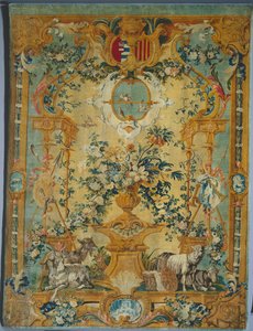 Savonnerie Panel: Spring with Coat of Arms, produsent Savonnerie Factory, Frankrike, før 1717 av French School