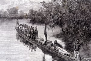 Savorgnan av Brazza i en kano i pandanus i Vest-Afrika - i "" Tour du Monde"", 2. uke 1887 av French School