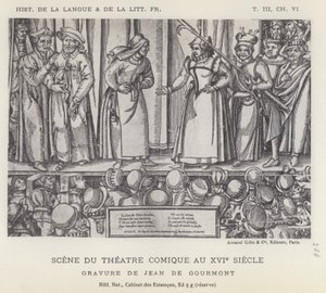 Scene fra det komiske teateret i det sekstende århundre (litho) av French School