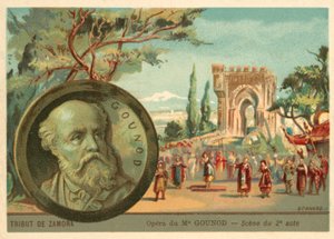 Scene fra Charles Gounods opera Le Tribut de Zamora (chromolitho) av French School