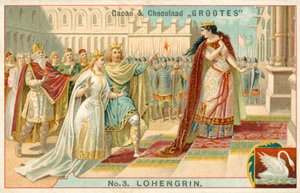 Scene fra Richard Wagners opera Lohengrin (chromolitho) av French School
