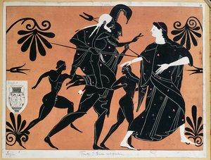Scene fra en gammel gresk vase som viser flukten til Aeneas fra Troja med sønnene og bærer faren Anchises på ryggen av French School