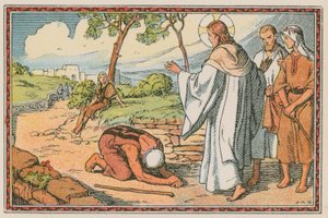 Scene fra Jesu liv (farget gravering) av French School