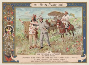 Scene fra romanen Les Cinq Sous de Lavarede, av Paul Ivoi (chromolitho) av French School