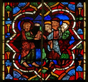 Scene i E-vinduet som viser Judas mottar sølvet av French School
