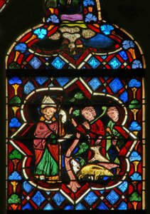 Scene i E-vinduet som viser St. Samson forandrer griser til geiter av French School