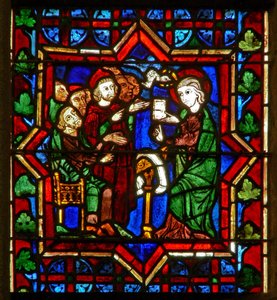 Scene i E-vinduet som viser en scene fra St. Catherines liv: med filosofene av French School