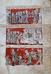 Scene for studentlivet ved Hubant College eller Ave Maria i Paris Scener fra studentlivet (måltider, veldedighet) og høgskoleforskrifter. Strips 7 til 9. Manuskriptside “” Livre des statutes du College de Hubant ou de l