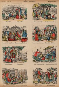 Scener fra forskjellige europeiske steder (farget gravering) av French School