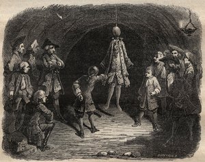 Tyveskole skapt av briganden Louis Dominique Garthausen dit Cartridge (1693-1721) i en karriere i Paris: en modell hengt fra taket hvis lommer skulle tømmes uten å bevege seg, ettersom han mottok et regn av skudd - Tyveskolen av French School