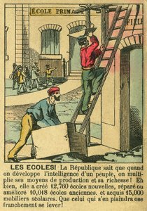 Skoler, som illustrerer fordelene med Den tredje republikk for utvikling av utdanning i skoler. Gravering, i "" Le Figaro, supplement"", 30.03.1889, Paris. Coll. Selva. av French School