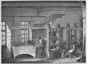 Vitenskap. Papirlaging. Håndlaget papir. Gravering i: Store menn og store fakta fra industrien, Frankrike, ca. 1880 (gravering) av French School