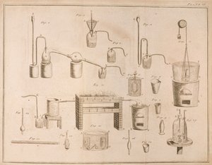 Scientific Equipment, fra The Elements of Chemistry av Antoine Laurent de Lavoisier (1743-94) gravert av D.Lizars, 1796 av French School