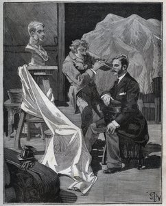 Skulptur, verksted av en skulptør, fokus og skulptur av en byste. Gravering fra 1880 i "" Les arts et metiers illustres"" av Adolphe BITARD. av French School
