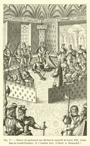 Sesjon av parlamentet som erklærer flertallet av Louis XIII, holdt i Storkammeret, 2. oktober 1614, Collect A Bonnardot av French School
