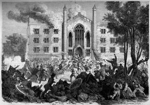 Secession War or American Civil War (1861-1865) - New York - July 1863: opposition to conscription, insurgencies set fire to the asylum of the colored orphans in New York City during the “Draf Riots”. Engraving in “” Le Monde Illustré”” n°331 of 15 August  av French School