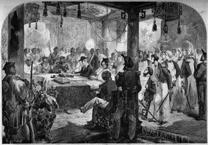 Second opium war between France and England and China (1858-1860) - signing of the Tianjin Treaty (Tientsin) in 1858: English and French ambassadors Lord Elgin (James Bruce av French School