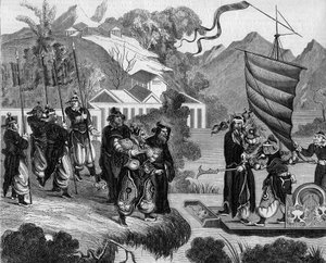 Andre opiumskrig mellom Frankrike og England og Kina (1858-1860): Kinesisk karikatur av konflikten. En båt er klar til å nærme seg kysten under det hånende blikket til en gruppe kinesere. Om bord i båten, to karakterer som representerer Frankrike (til vens av French School