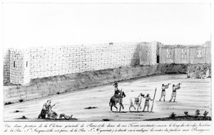 Del av bymuren ved Paris høyre bredd konstruert mellom 1190 og 1209 på ordre fra Philippe II Auguste, sent på 1700-tallet (wc på papir) av French School